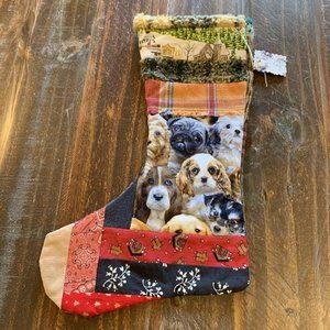 Christmas‎ Stocking Quilted Patchwork Fabric Dog Puppies  NEW 18” Handmade